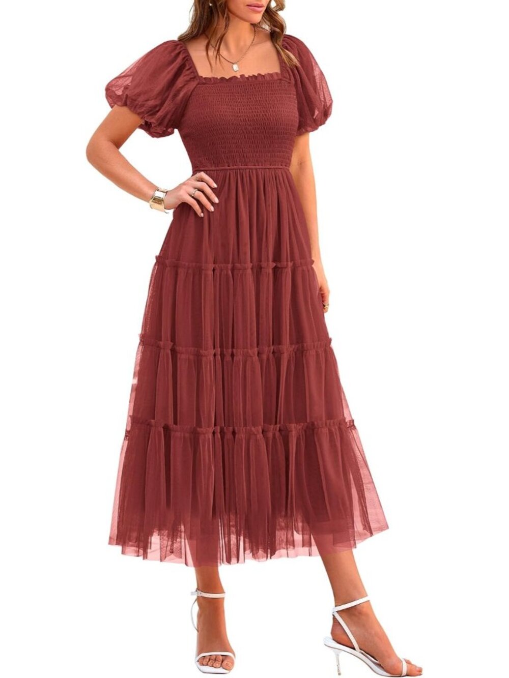 Women's Red Summer Lightweight Flowy Mesh Square Neck Smocked Guest Midi Dress